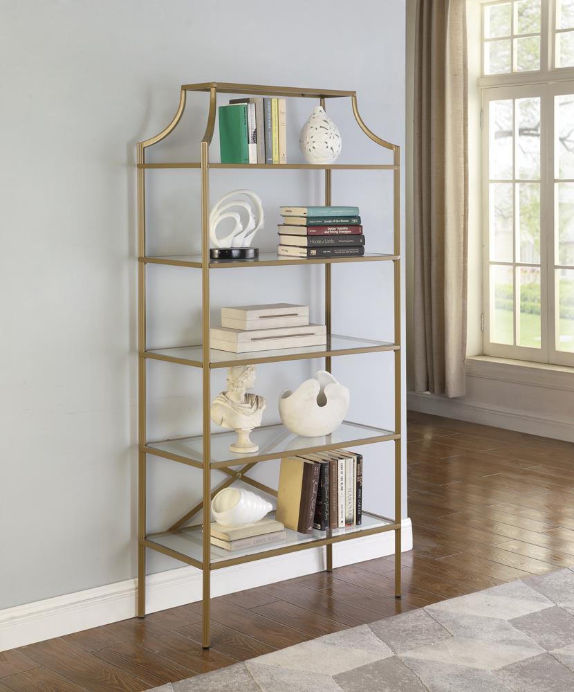 Serena 5-Tier Tempered Glass Shelves Bookcase Matte Gold