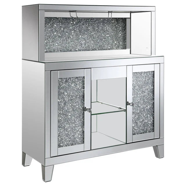 Yvaine 2-Door Mirrored Wine Cabinet With Faux Crystal Inlay Silver